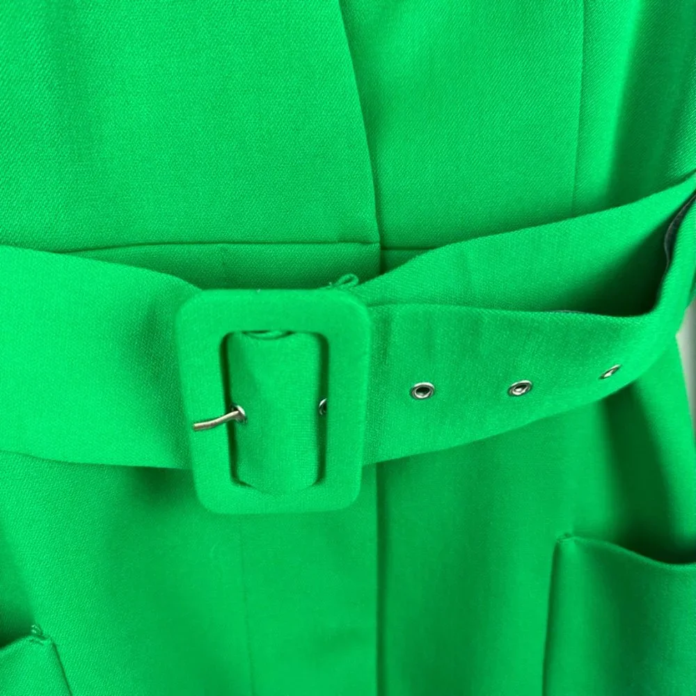 Zara Womens Lined Frock Blazer Coat Size XS Wide Belt Green Pockets Lined V-Neck - Picture 3 of 9